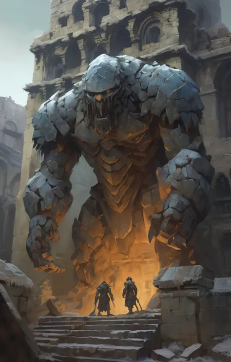 a painting of two people standing in front of a giant monster