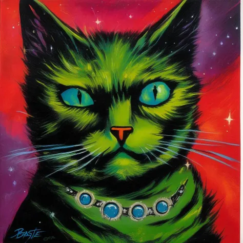 BAStyle, highest quality, a painting of a cute cat,  magic, [sci-fi artwork], bold colors, by Kelly Freas