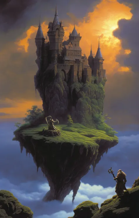 high fantasy aesthetics, highest quality, a dark and moody fantasy illustration of a ogre walking in a castle situated on a cloud-covered floating island that drifts through the sky, with a magical anchor keeping it grounded in an otherworldly location, hi...