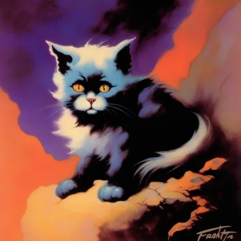 BAStyle, highest quality, a painting of a cute cat,  magic, [fantasy artwork], bold colors, by Frank Frazetta