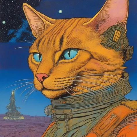 BAStyle, highest quality, a painting of a cute cat,  post apocalyptic, [sci-fi artwork], complex, by Moebius