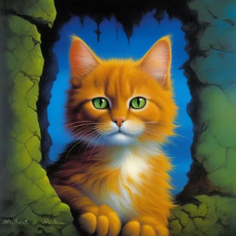 BAStyle, highest quality, a painting of a cute cat,  magic, [fantasy artwork], bold colors, by Michael Whelan