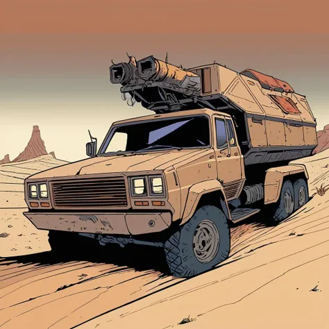 BAStyle, highest quality, a sci-fi illustration of a post apocalyptic truck, desert, complex, Dune artwork, by Moebius