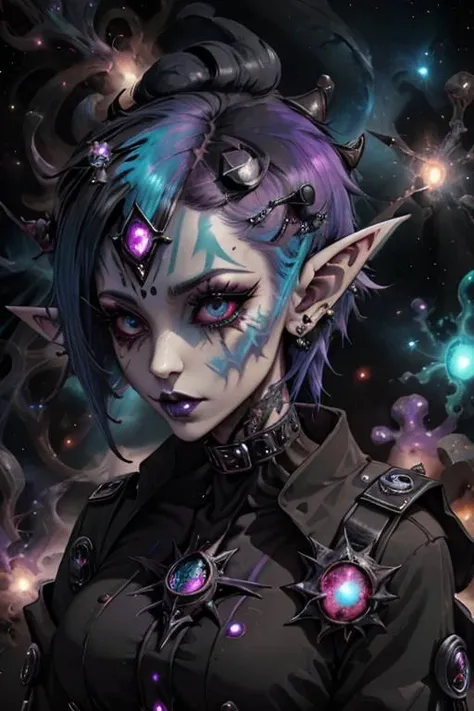 a woman with blue hair and purple eyes in a space setting