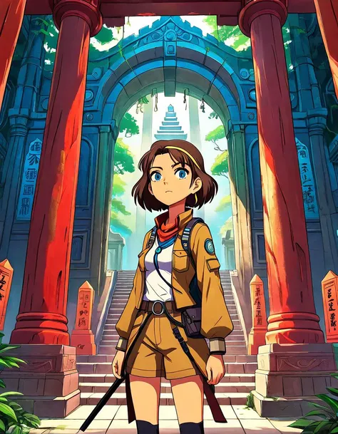 anime artwork of a woman explorer in a temple, anime style, key visual, vibrant, studio anime, highly detailed