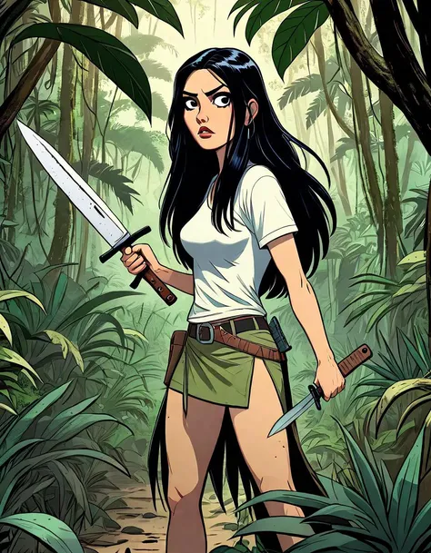 comic of a woman with long black hair in the jungle holding a machete, comic art, graphic novel art, highly detailed