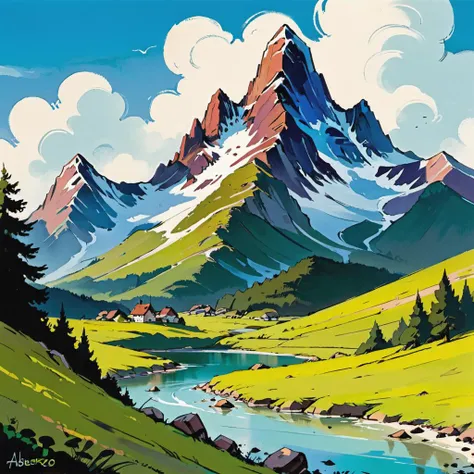 landscape of a mountain, art by Albert Uderzo <lora:pixelbuildings128-v2:0.2>