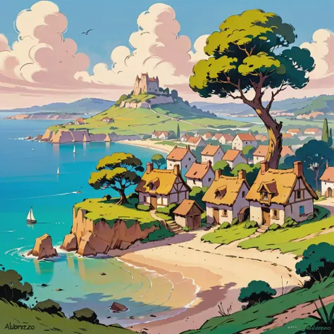 landscape of an ancient Gallic village near a beach, art by Albert Uderzo <lora:pixelbuildings128-v2:0.2>