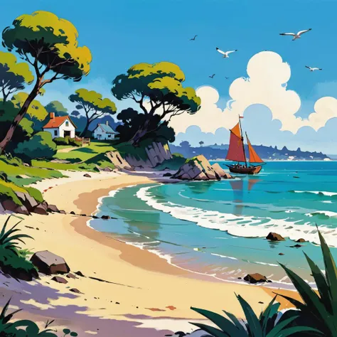 landscape of a beach, art by Albert Uderzo <lora:pixelbuildings128-v2:0.2>