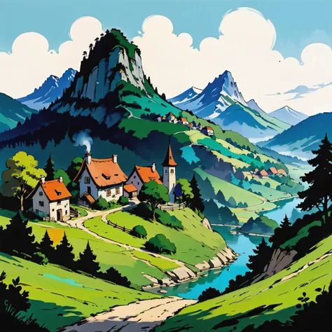 landscape of a village in a mountain, art by Albert Uderzo <lora:pixelbuildings128-v2:0.2>