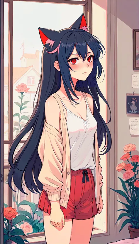 1girl, red eye, cat ears, bedroom, window, flower, black long hair, white camisole, open beige cardigan, gray dolphin shorts, (blush:1.2), sweat, expressionless, 2d, anime, standing, ribbon long hair, earrings