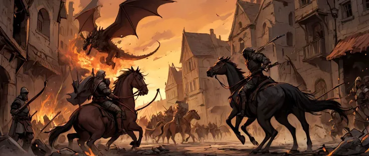 graphic novel illustration (vibrant:0.7) dark comic book ink style, an epic battle against dragons riders, in dark fantasy kingdom, intricate medieval street background, archery, horses, paesants, burning sky, Dark and gritty, epic scene, dramatic lighting