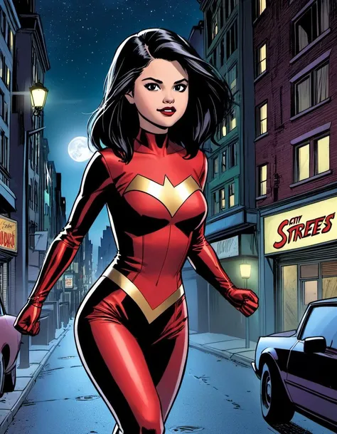 <lora:selenagomez_SDXL:.8> selena gomez as a comicbook superhero, city streets, night