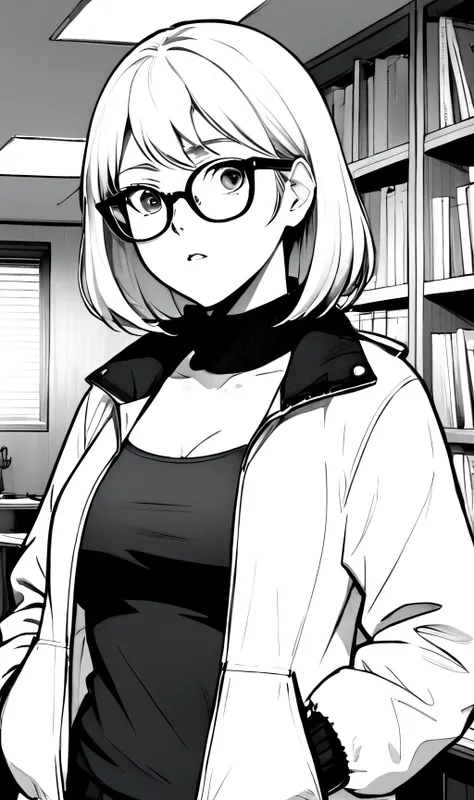 best quality, anime, wearing a jacket, big breast, glasses, focus on face, room, manga, (lineart), (monochrome), black and white, (colorless) ,Lineart, LineAniAF , <lora:LineAniRedmondV2-Lineart-LineAniAF:1>