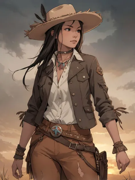 a woman in a cowboy outfit and hat holding a gun