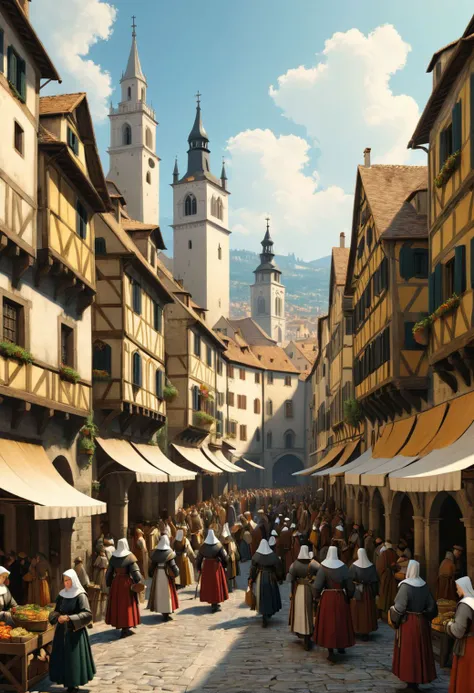 a beautiful medieval city with warriors nuns, intricate, crowded, 2d, flat color, Painting by Canaletto, masterpiece. ultra details, high quality, high resolution, highly detailed, photorealistic, super resolution, crisp quality, sharpen focus, extremely d...