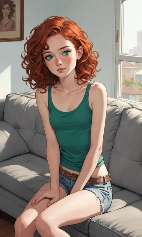 3/4 body medium portrait, (graphic novel comic style:1.4), highly detailed, of a (beautiful flat chested girl:1.5), with curly and long natural red hair, emerald green eyes, (freckles:1.3), pale skin, a petite, slim and fit figure, and wearing a tight whit...