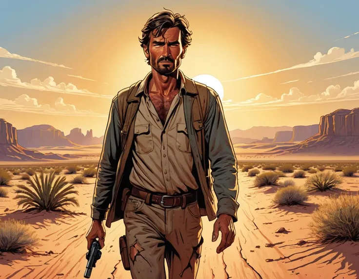 Long shot, highly detailed (graphic novel comics:1.4) illustration of a dehydrated and sunburnt man, wearing torn and dirty clothing, walking through the desert, warm, bright, sunshine, brutal, horror, extremely, coherent, cinematic, dramatic ambient light...