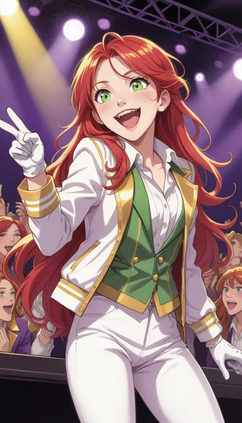 Graphic novel illustration, long hair, red hair, green eyes, golden hair ribbon, white shirt, purple and gold jacket, idol, idol clothes, white gloves, stage light, singing, open mouth, crowd, smile, pointing at viewer