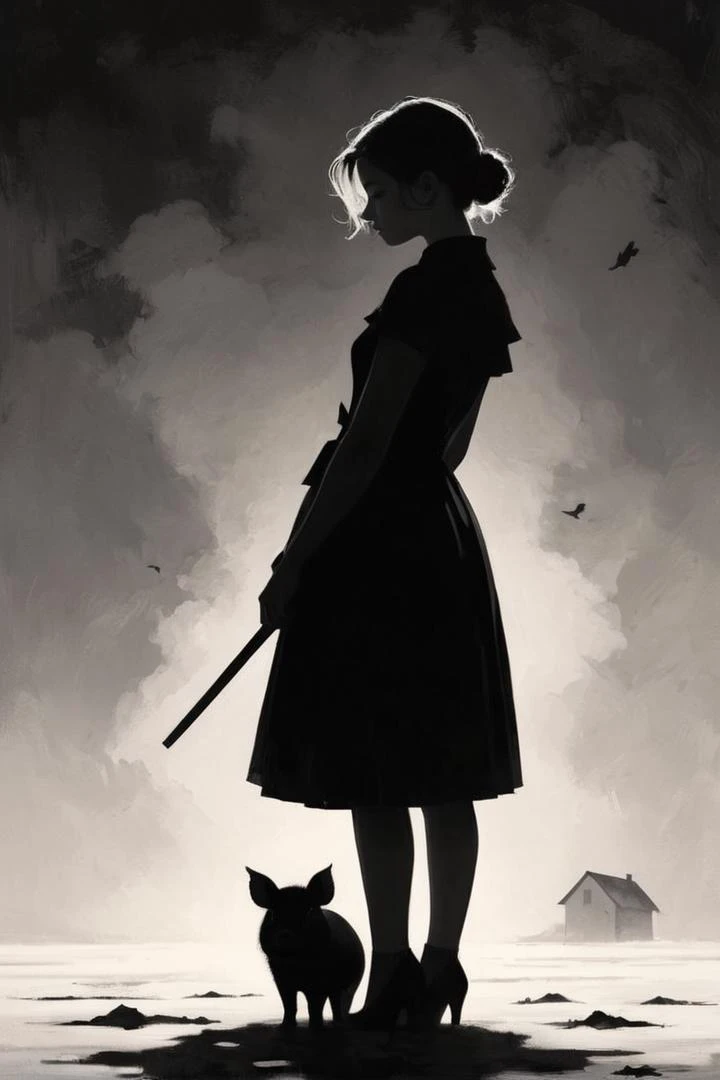 Silhouette style by Arturo Souto, by Brad Kunkle and wlop in the style of Daniel Merriam, cute 18 year old woman and her pet pig, digital painting . High contrast, minimalistic, black and white, stark, dramatic