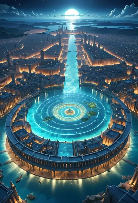 an open BookScenic with a picture of the mythical city of Atlantis, a concentric city, surrounded by rings of water channels, stunning fantasy 3d render, night background, flash image, safari background, projection mapping, or perhaps a fairy tale,designed...