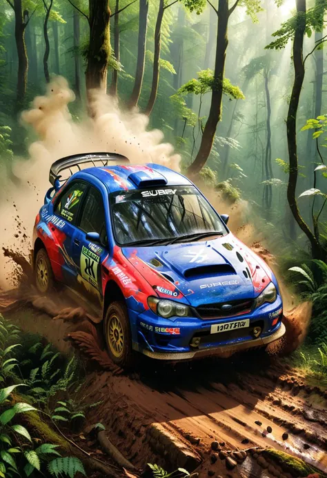 (1 car, 1997 Subaru Impreza WRC redesigned by Peter Stevens), Generate an image of a Subaru Impreza WRC tearing through a dense forest during a rally race, with mud splattering, leaves flying, and the vibrant greenery as the epic backdrop. The cars aggress...