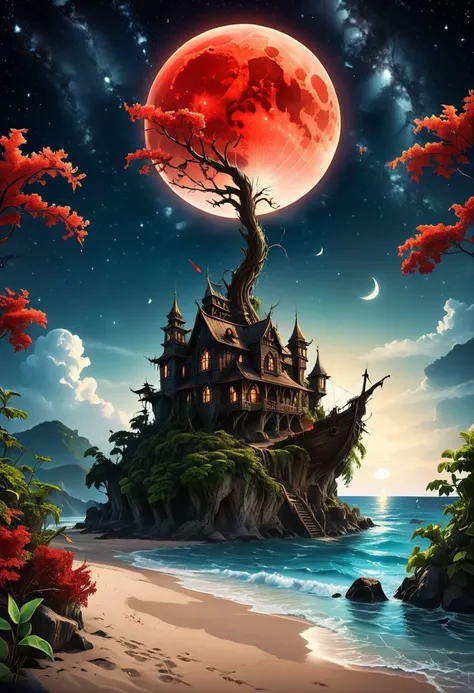 close up angle of, a serene silver sandy beach, wavy wave, dead trees, beach vaggies, shall and plant, and boat, ((zoom focus on blood moon)), old rustic castle far away,Pitch black sea water,starry sky,three half moon in far,one full blood moon in the wes...