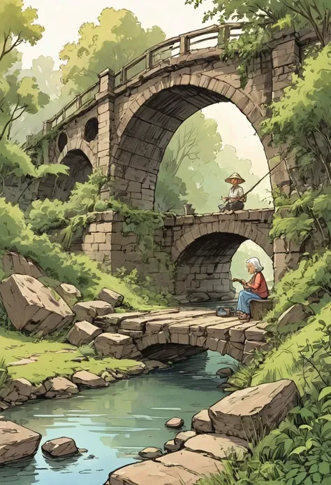 old woman fishing under the old bridge, vegetation, peaceful place, cartoon, sketch