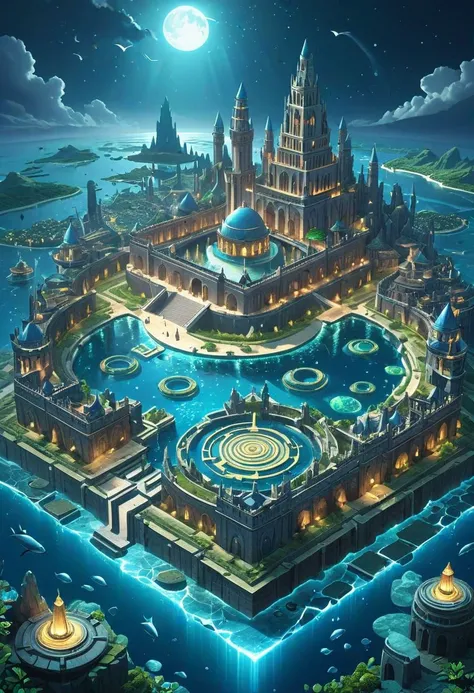 an open BookScenic with a picture of the mythical city of Atlantis, a concentric city, surrounded by rings of water channels, stunning fantasy 3d render, night background, flash image, safari background, projection mapping, or perhaps a fairy tale,designed...