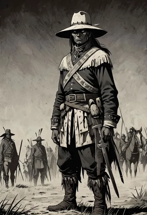 cheyenne, High contrast, minimalistic, colored black and grungy white, stark, dramatic, graphic novel illustration, cross hatching, seminole war, traditional outfits, landfields