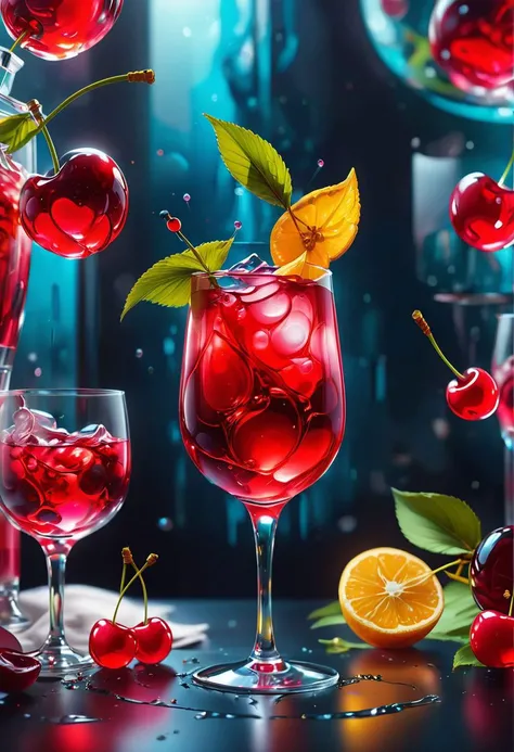 amazing quality, masterpiece, best quality, hyper detailed, ultra detailed, UHD, perfect anatomy, close up, glass of cherry drink, promotional rendering, abstract, modern, luxurious, extremely detailed