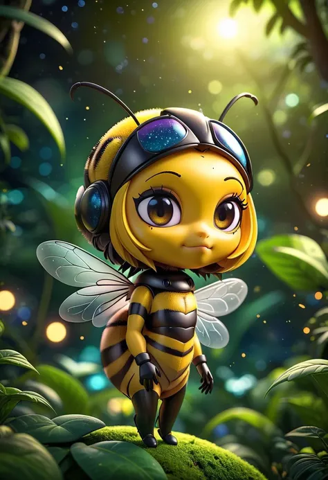 a cartoon bee with headphones and a microphone in the forest