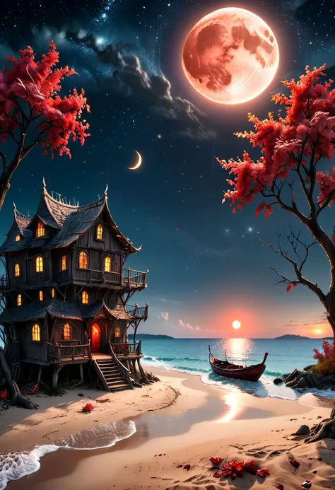 close up angle of, a serene silver sandy beach, wavy wave, dead trees, beach vaggies, shall and plant, and boat, ((zoom focus on blood moon)), old rustic castle far away,Pitch black sea water,starry sky,three half moon in far,one full blood moon in the wes...