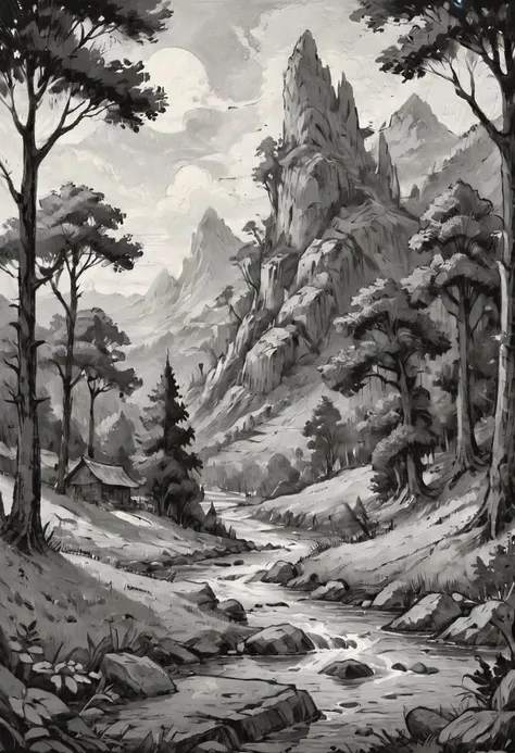 a painting of a mountain scene with a stream and trees