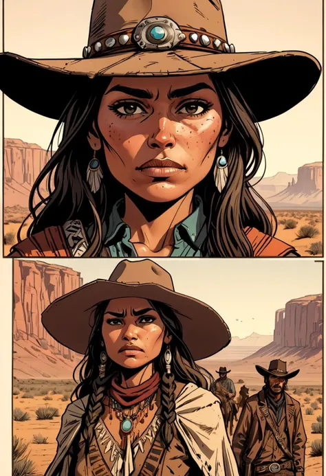 a page from comics, two people, red dead redemption meeting with indians Cheyenne, dark cowboy face, old cowboy, unshaved, beautiful cheyenne woman, a trip to tomorrow era, aftermath,standing,  face detail, close view, cinematic, graphic novel, vibrant, hi...