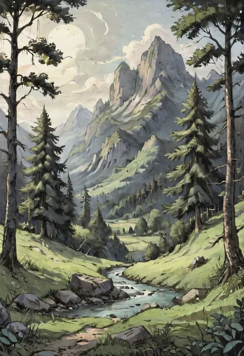 a painting of a mountain scene with a stream running through it