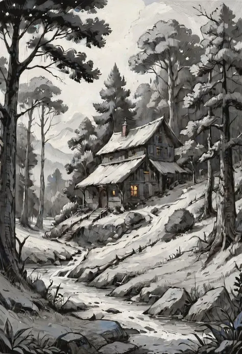 a painting of a cabin in the woods with snow on the ground