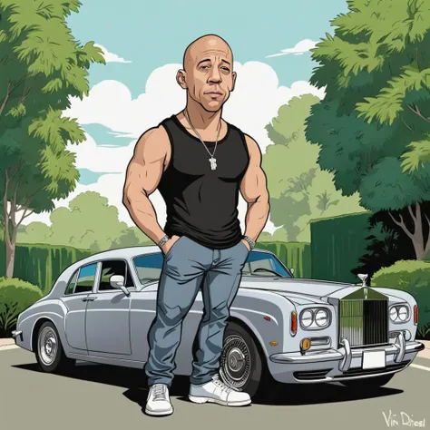 caricaturizeme, flat color, outline, line art, portrait of (Vin Diesel) posing, near a Rolls Royce car, greenery, masterpiece, best quality