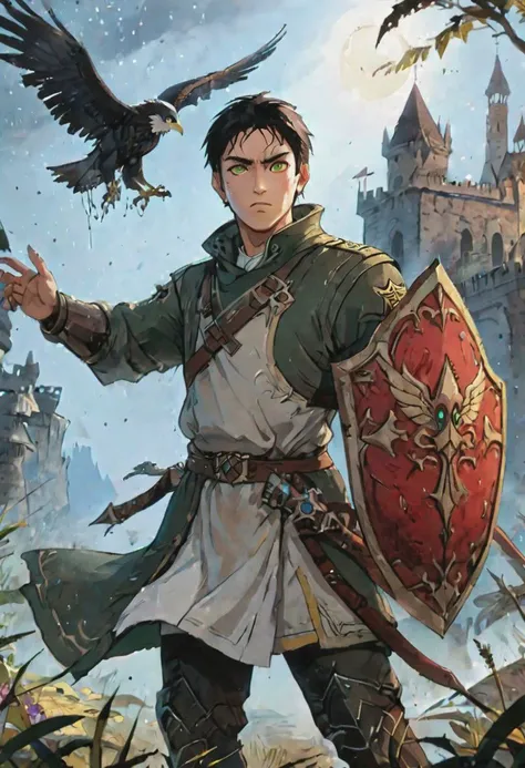 a man in a green coat holding a shield and a bird