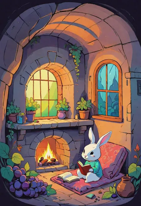 a tiny rabbit wearing a pyjama on a comfy bed, inside a (cozy:1.2) underground hole with fireplace, reading a book, eating grapes, flowers and vegetation , small window, vibrant colors, lineart