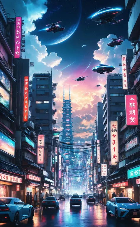 Concept Art, An apocalyptic Tokyo with illuminated signs and flying cars at night, universe, fluffy clouds, sharp details, 8k resolution, vibrant