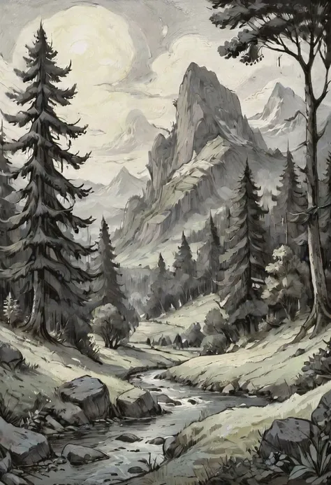 painting of a mountain scene with a stream and trees