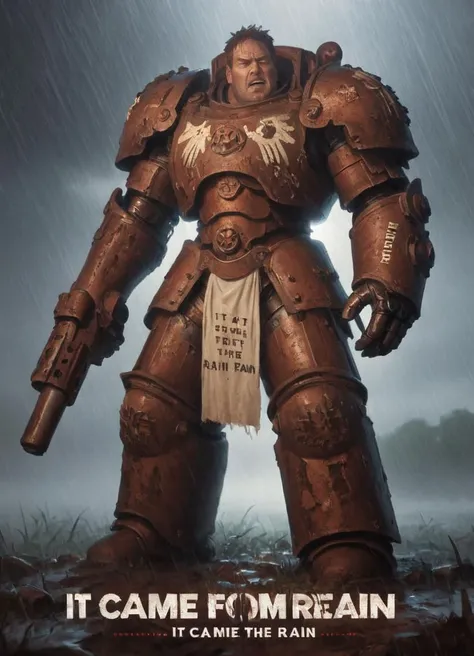 cinematic movie poster of a man in heavy trmntr armor having joint pain. rusty armor with patches, title in bold letters saying "It came from the Rain"
<lora:Space_Marine_Terminator_SDXL:1>