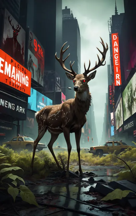 concept art style of artist John Park, An apocalyptic deserted Time Square covered in vegetation, BREAK zombie deers with white bloody lifeless veiny eyes roaming, eerie, dark, moody, darkness, fallout, nuclear radiation, danger, infested, trending on arts...