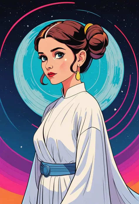 Leia Princess Organa, Star Wars, white robe, space buns, on the Death Star, vibrant colors, line art