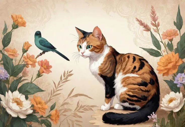 Cat looking at bird, illustration, intricate details, natural colors, blurred background, aesthetic flowers, very dramatic, patterns