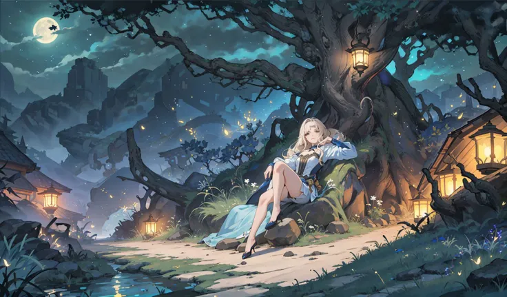 a woman sitting on a tree in a forest at night