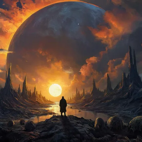 a man standing on a rocky hill looking at a planet