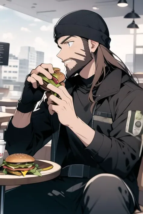 <lora:jeezo-10:1> jeezo, facial hair, sitting in cafe, eating burger