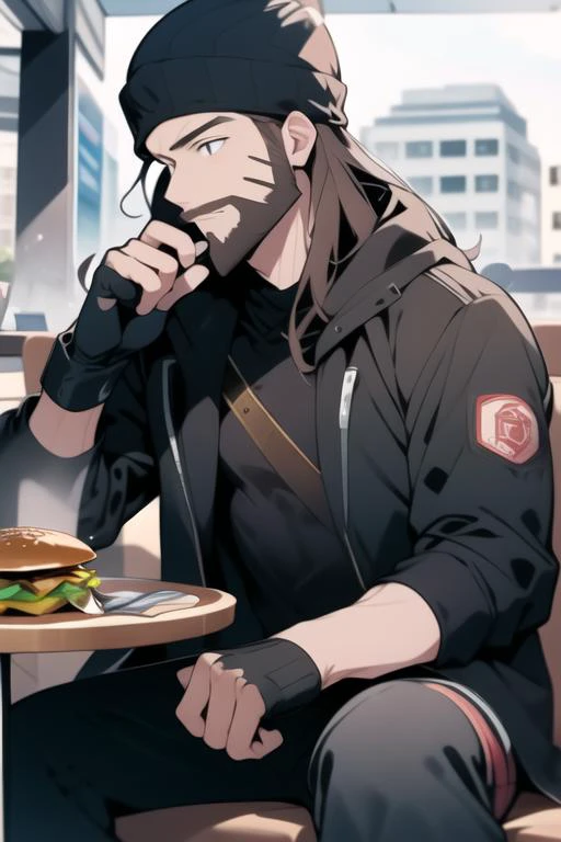 <lora:jeezo-10:1> jeezo, facial hair, sitting in cafe, eating burger